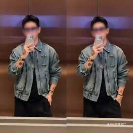 美式重工水洗蓝色做旧牛仔夹克春秋飞机扣复古宽松休闲翻领外套男