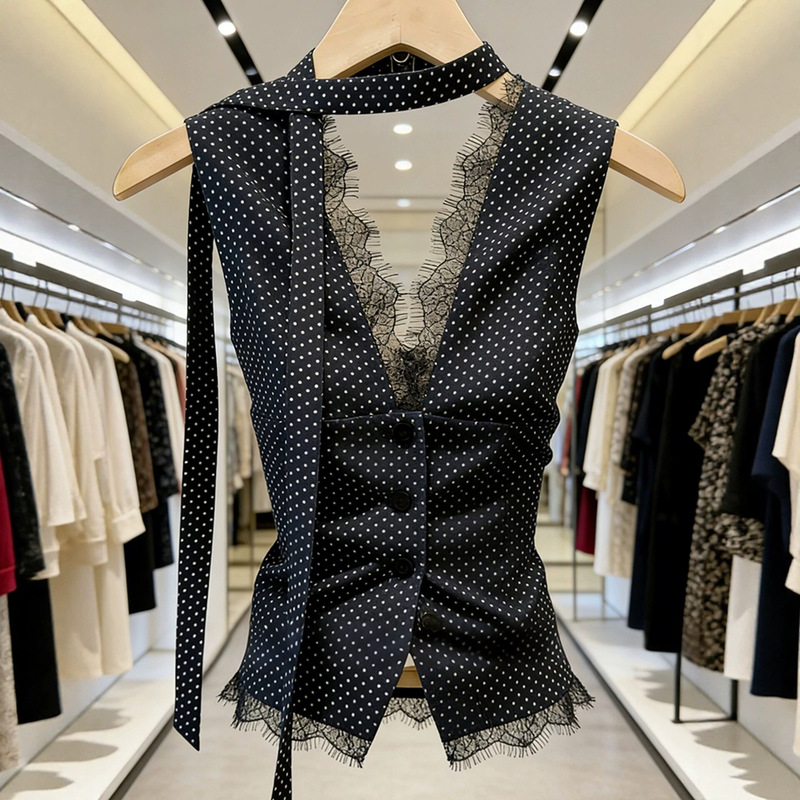 2026 Spring/Summer Stunningly Beautiful and Exquisitely Stylish Light Luxury Unique Lace Patchwork Ribbon Blue Polka Dot Vest Top