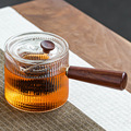 高硼硅透明侧木把茶壶玻璃过滤花茶壶功夫茶具家用木把竖纹煮茶壶