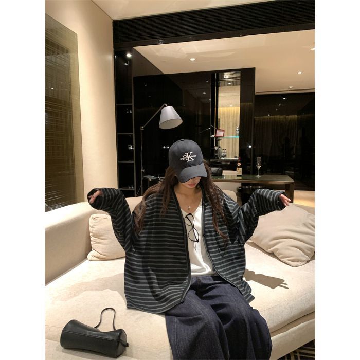 【自家工厂现货】慵懒风撞色条纹宽松长袖外套女显瘦百搭休闲上衣|undefined