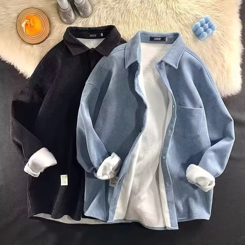 High Quality Shirt Men's Long Sleeve Autumn and Winter Hong Kong Style Handsome Corduroy Jacket Korean Fashionable fleece-lined Thickened Shirt