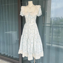 法式泡泡袖蕾丝碎花连衣裙女款收腰夏日温柔风公主裙千金风长裙子