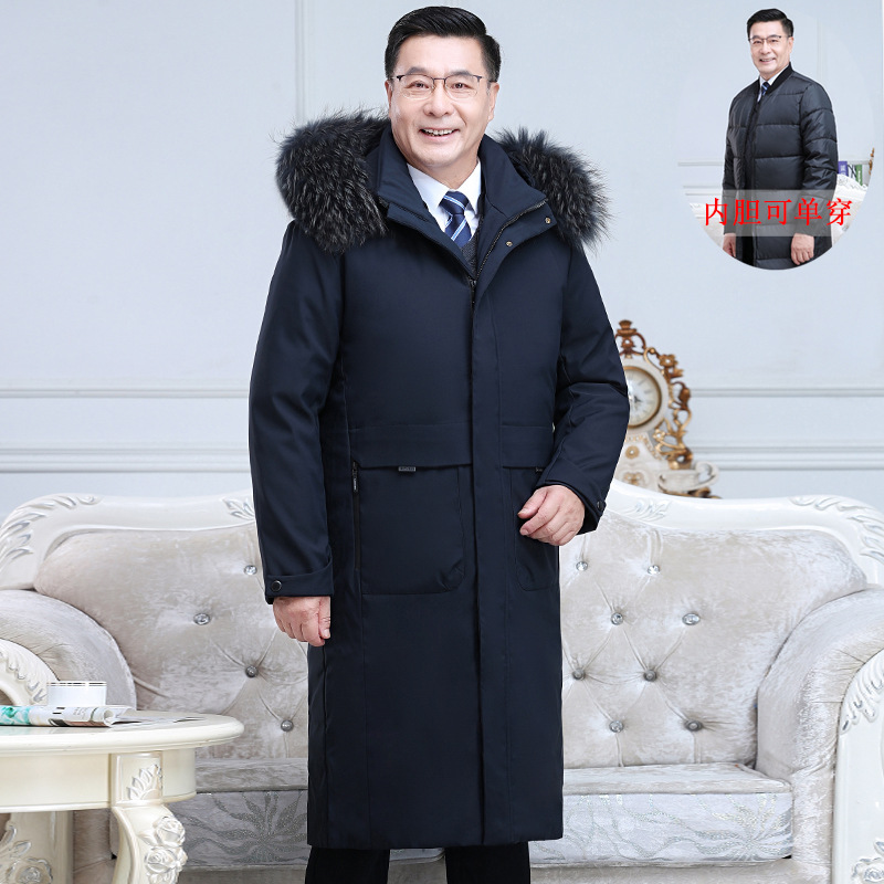 Thickened Living Face Dad down Jacket Men's Extra Long Over-The-Knee Large Size Middle-Aged and Elderly Removable Liner Jacket