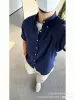 Short-sleeved linen shirt navy blue (red label)
