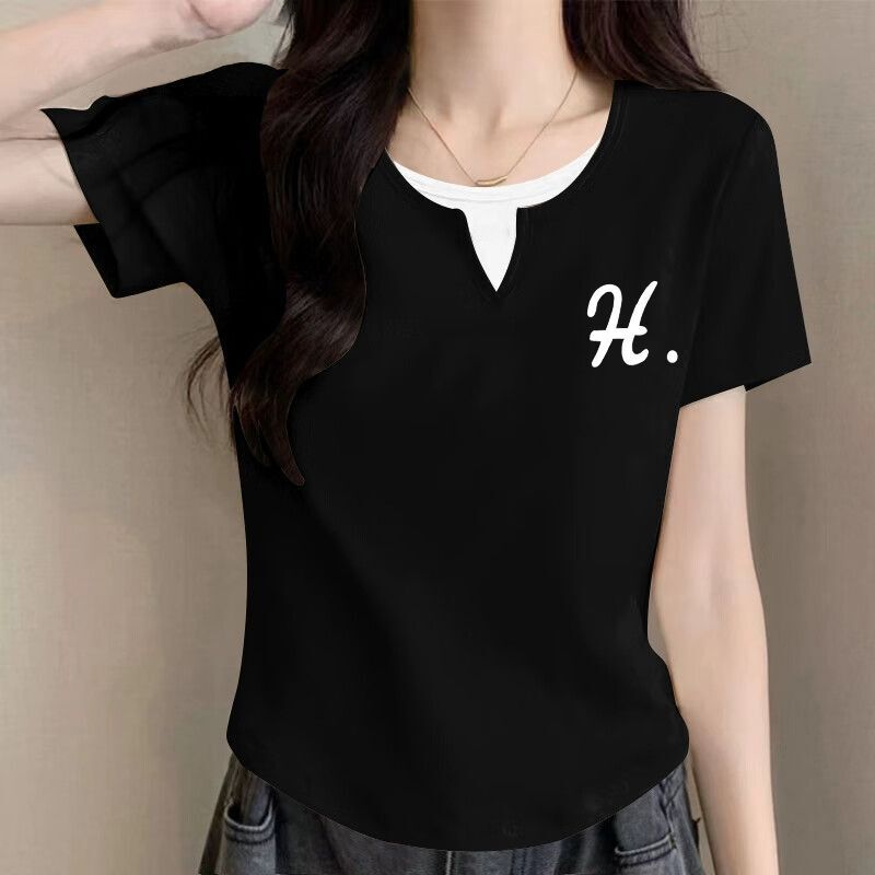 純綿半袖tシャツ女性2025夏の新型デザイン感裾のアーチ型偽の2つのユニークなつなぎ合わせ上着の潮|undefined