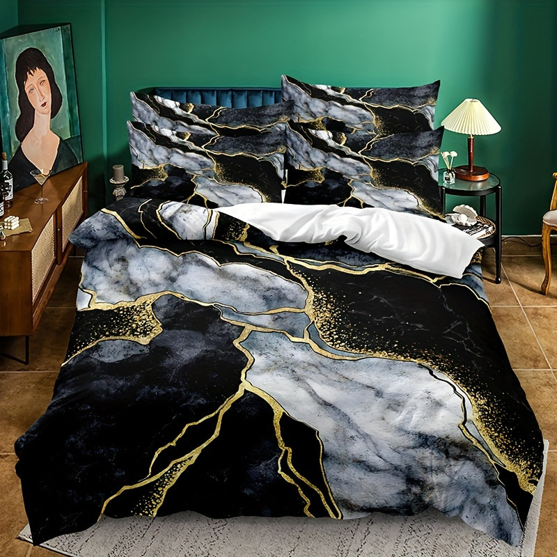 TEMU / JIT negro y blanco textura de mármol molienda impresión digital kit de colcha de tela para el hogar se puede diseñar