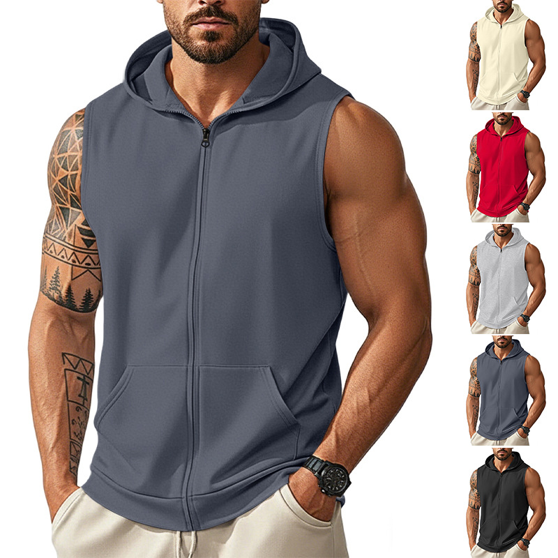 Transfronterizo americano verano nuevo chaleco con capuz hombre entrenamiento deportivo con cremallera cardigan chaleco sin mangas