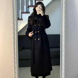 秋冬赫本风韩版立领毛呢大衣中长款宽松双排扣系带毛呢外套女