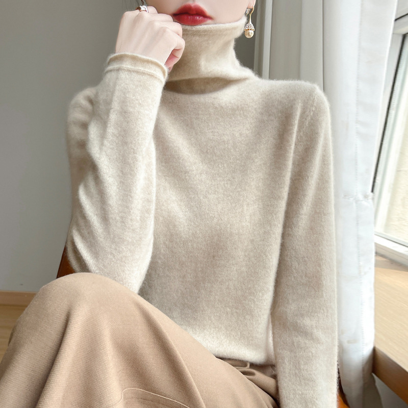Pile Collar Wool Sweater Women's Pure Wool Knitted Bottoming Sweater Autumn and Winter New Style Curled Inner Turtleneck Sweater