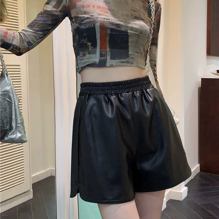 大码胖mm皮短裤女生秋季新款高腰百搭pu皮A字阔腿裤显瘦休闲靴裤
