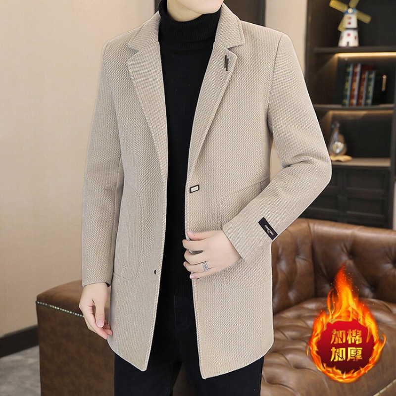 Mid-length trench coat men's coat autumn and winter woolen coat youth Korean casual brand woolen suit collar jacket