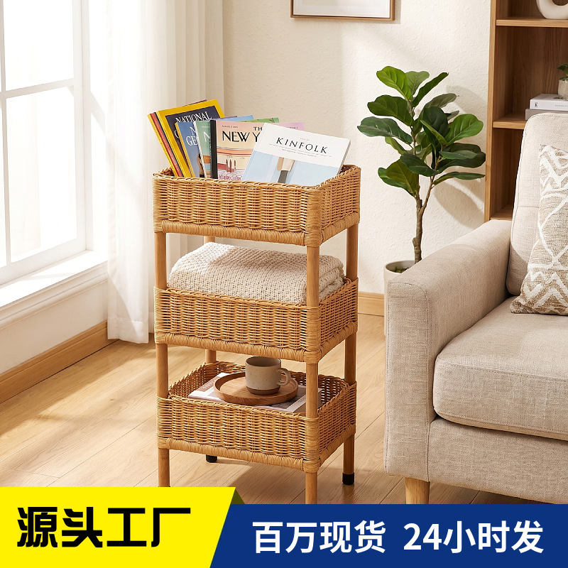 Rack de almacenamiento de ratán de piso de estilo de país decoración de cama y desayuno artículos diversos rack de almacenamiento de madera maciza tejida a mano cesta de almacenamiento de múltiples capas
