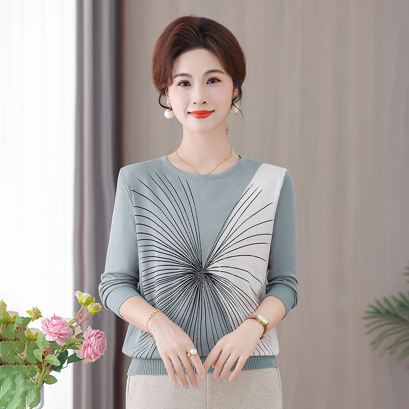 中老年秋季女装针织宽松时尚长袖中老年女装拼色圆领洋气长袖打底|undefined