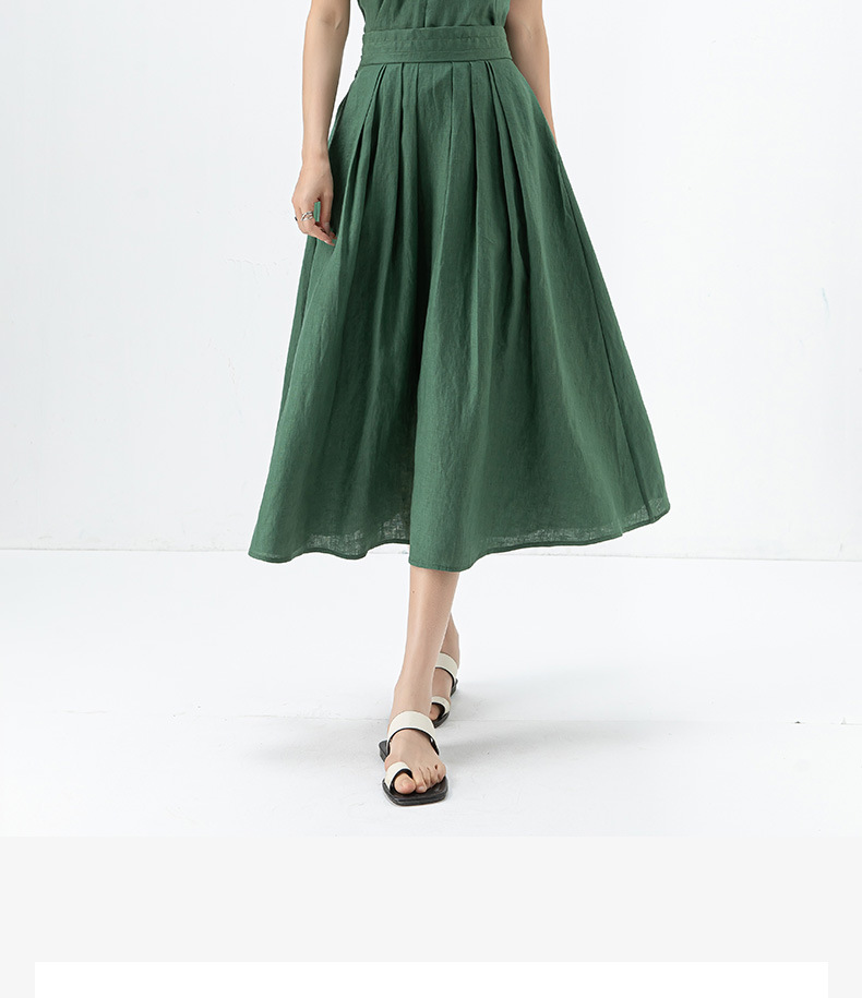 Chân váy chữ A midi vải lanh rủ phong cách cổ điển đi làm, cạp thun che hông, xòe rộng mùa hè — Màu đen chi tiết 2