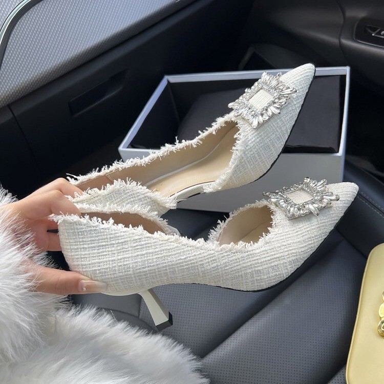High Heels Women's Niche Design French Pointed Shoes 2025 Summer New Stiletto Heels Small Fragrant Rhinestone Shoes