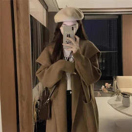 复古慵懒风长袖翻领毛衣外套女秋冬感加厚宽松中长款针织开衫
