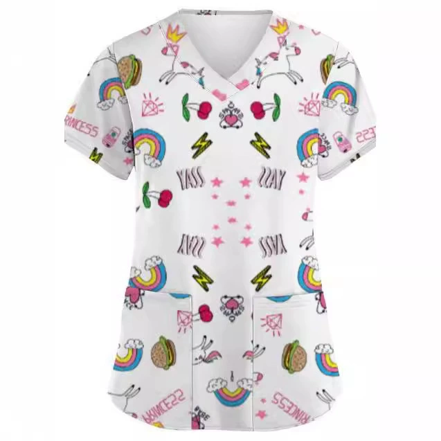 2025 трансграничная экспортная новая женская защитная рабочая одежда с v-образным вырезом, летняя повседневная футболка с короткими рукавами и принтом Amazon AliExpress