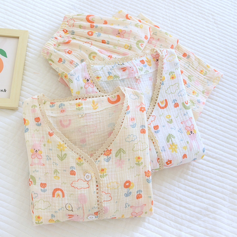 Spring, Summer and Autumn New Double-layer Cotton Yarn Women's Wear-free Bra Casual Crepe Pajamas Long-sleeved Trousers with Chest Pad suit