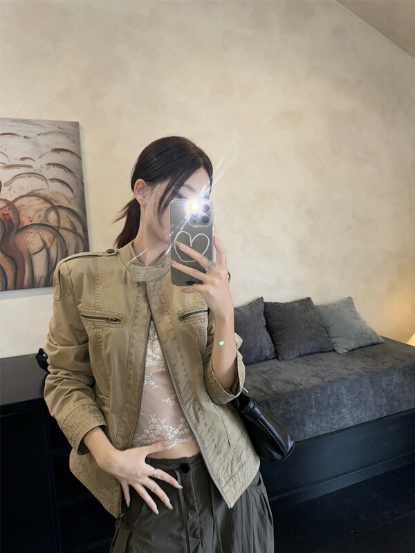 American Retro Stand-Up Collar Long-Sleeved Cardigan Jacket for Women in Autum High-End Work Jacket Loose Old-Style Top