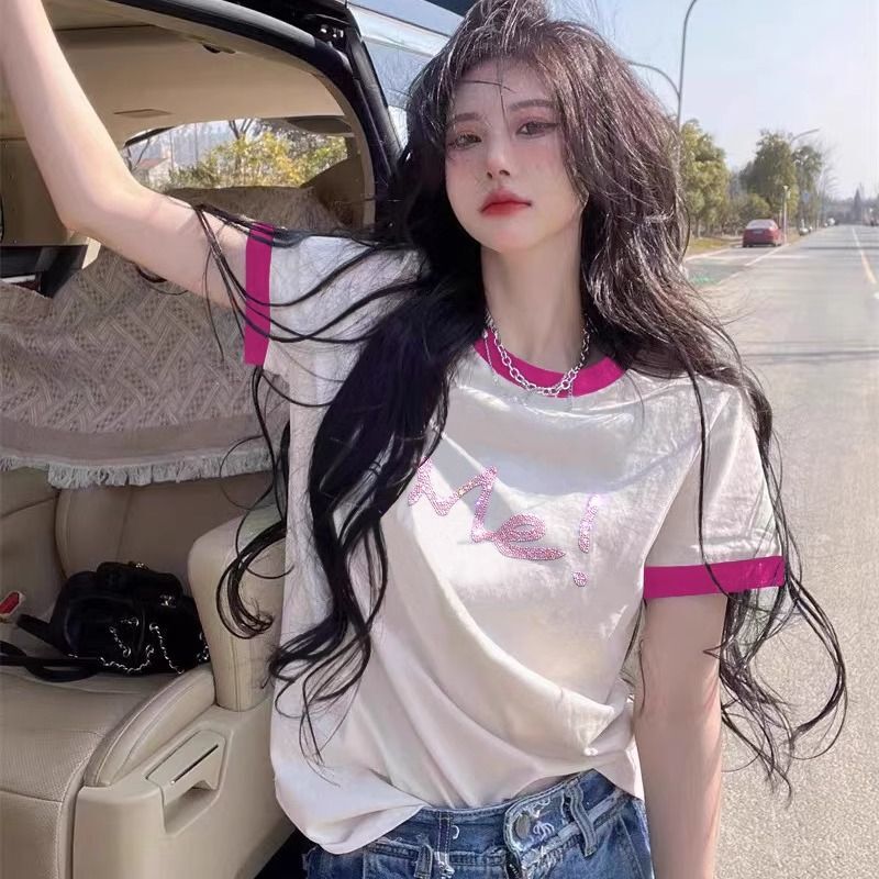 European goods contrast color loose foreign style new color matching Hong Kong style sweet hot girl hot drilling letter tide brand short sleeve cotton T-shirt women
