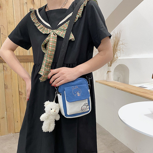  New Canvas Small Bag Japanese Cute Girl Simple Shoulder Bag Contrast Color Small Fresh Student Crossbody Bag