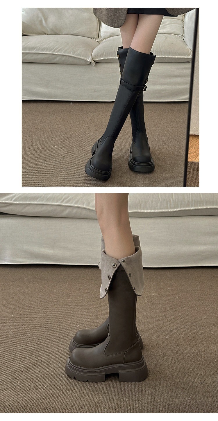 Knielang für Damen im Herbst-Winter, neuer Instagram-Zweiteiler, faltbar, Knight High 2024, kleine Stiefel mit dicken Sohlen_voghion.com