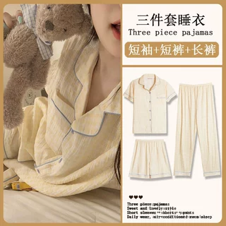 批发新款格子控睡衣女夏季开衫短袖短长裤三件套装甜美学生家居服