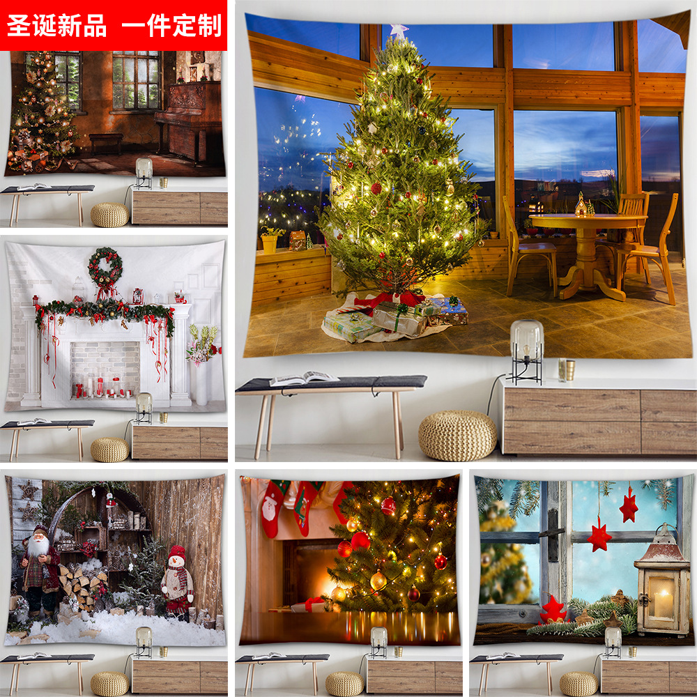 跨境定制圣誕掛毯 北歐卡通壁爐圣誕樹床頭臥室背景墻面裝飾掛毯