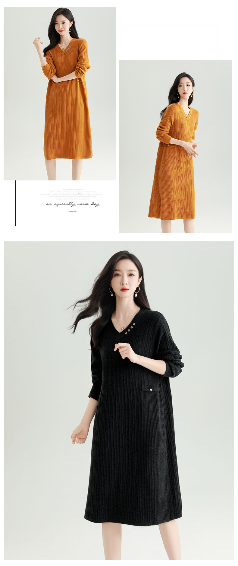 GraceChic 2025 Autunno Nuovo Scollo a V Lavorato a Maglia Taglie Forti Moda Donna Snellente Casuale Tinta Unita Abito Lungo_voghion.com