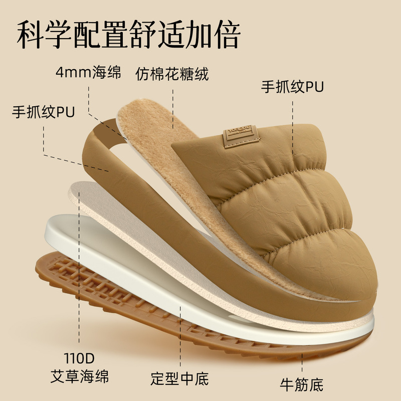 远港高级感pu皮棉拖鞋女防臭艾草秋冬季家居室内保暖防滑厚底加绒|undefined