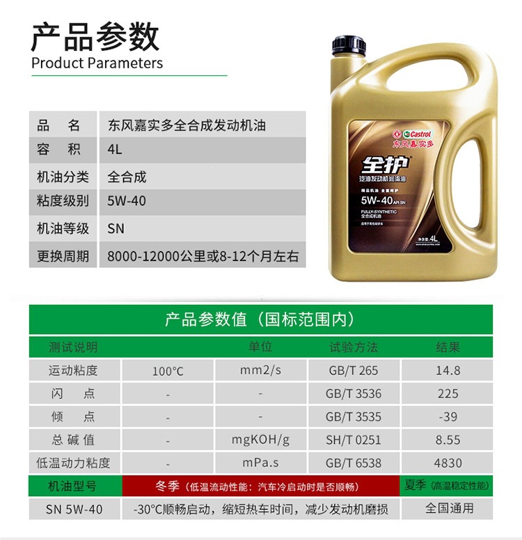 Dongfeng Castrol Full Protection Car Oil Genuine SN5W40 All-Season Universal Lubricant 4L Full-Synthetic Engine Oil