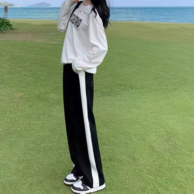 Женские свободные утягивающие весенне-осенние новые широкие брюки для студенток, повседневные прямые длинные брюки с высокой талией в корейском стиле