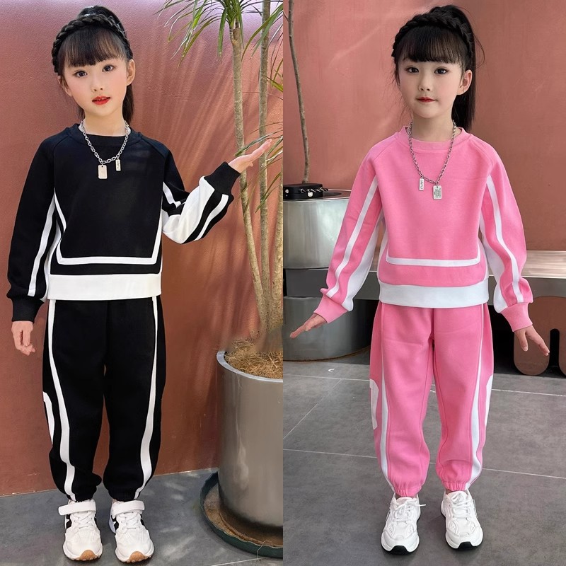 Kinderkleidung Mädchen Herbstoutfit 2024 Neue mittelgroße Kinder Langarm Kontrast Hoodie, Harenhose_voghion.com