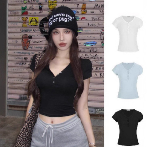 Ins Sexy Button V Neck Low-Cut Short-Sleeved T-Shirt for Women Summer Sexy Chi Slim Short Pure Desire Navel-Baring Bottoming Top