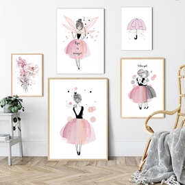 速卖通热销芭蕾舞蹈女孩挂画 卡通艺术粉色舞裙儿童房装饰帆布画