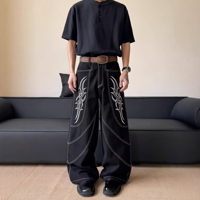 小众解构刺绣牛仔裤男春秋vibe风美式街头宽松休闲痞帅直筒阔腿裤|undefined