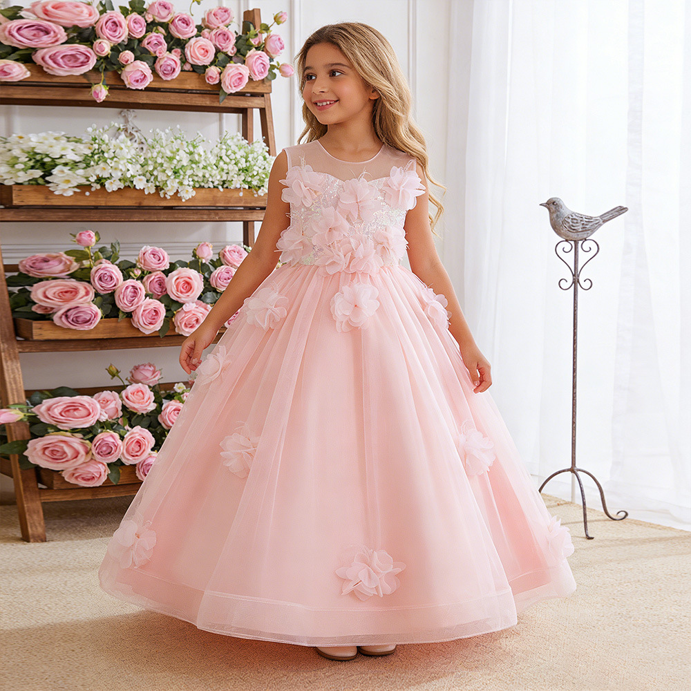 2026 nuevo vestido infantil vestido de princesa flor rosa niña anfitriona fabricante de ropa de piano