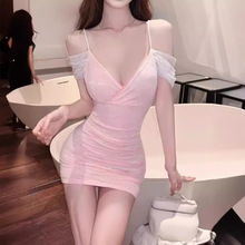 夜 场低胸交叉v领吊带性感网纱连衣裙女夜店上班衣服露肩包臀短裙