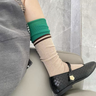 Korean Dongdaemun Long Tube Two-Bar Slouch Socks for Women, College Style Red and Green Color-Block Striped Calf Socks, Internet Celebrity Style