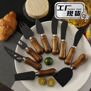 Factory in stock Stainless Steel Black Cheese Knife Acacia Cheese Knife Fork Cheese Tool Bread Cream Scrub Knife