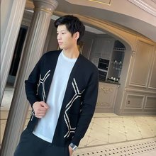 男士拼色时尚针织单排扣开衫2024年春季韩版潮牌气质复古修身毛衣