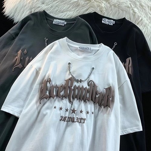 Heavyweight American street style bubble necklace t-shirt for men, short sleeve loose European and American fashion brand hiphop street dance half sleeve t-shirt