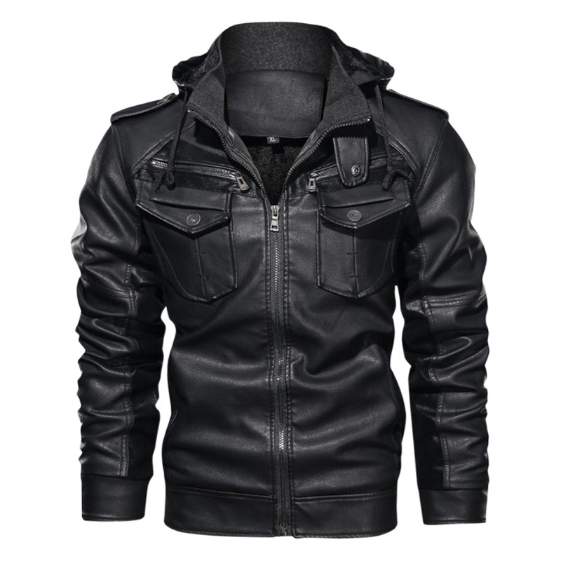Europe and the United States cross-border hooded PU leather jacket Amazon independent station leather men's winter New velvet coat European size