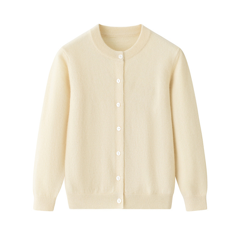 12-Gauge Plain Weave Children's Simple Versatile Portable Flat Cardigan with Shell Buttons, Medium-Thick Pure Cashmere Knit Sweater