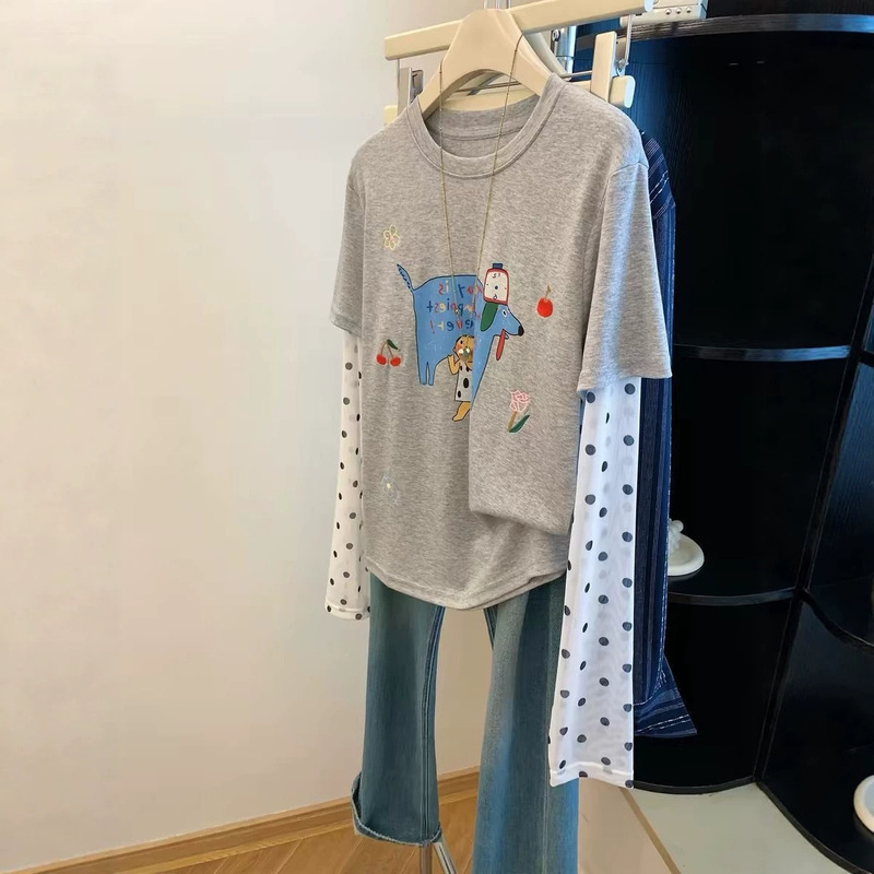 2026 Summer New Large Size 120kg Round Neck Polka Dot Mesh Sleeve Splicing Fake Two-Piece Fresh Cartoon Print T-Shirt