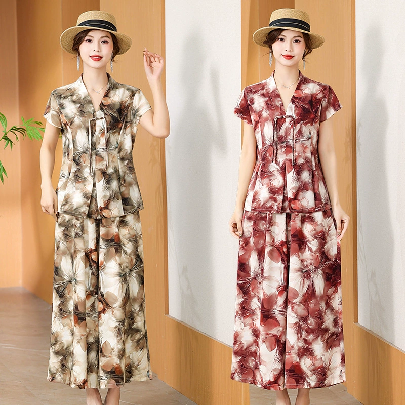 Весенне-осенний повседневный костюм для мамы среднего возраста, осень 2025, новый весенне-осенний повседневный комплект из двух предметов с принтом для женщин среднего и пожилого возраста