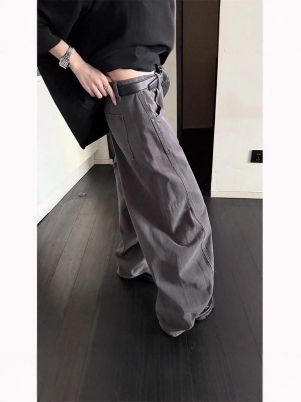 炒色工艺灰色香蕉牛仔裤女宽松显瘦高腰春秋新款阔腿裤休闲长裤|undefined