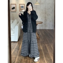 大码胖mm法式毛衣开衫外套搭纹背心连衣裙秋冬遮肚收腰显瘦两件套