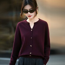 2025年秋冬新款100%羊毛针织开衫女纯色圆领长袖通勤百搭休闲上衣