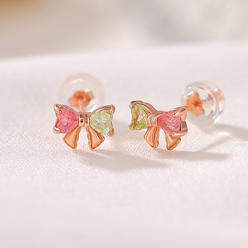 Bông tai bạc S925 mạ vàng hồng đính tourmaline hình nơ ánh sáng — Một cặp (màu tourmaline ngẫu nhiên)
